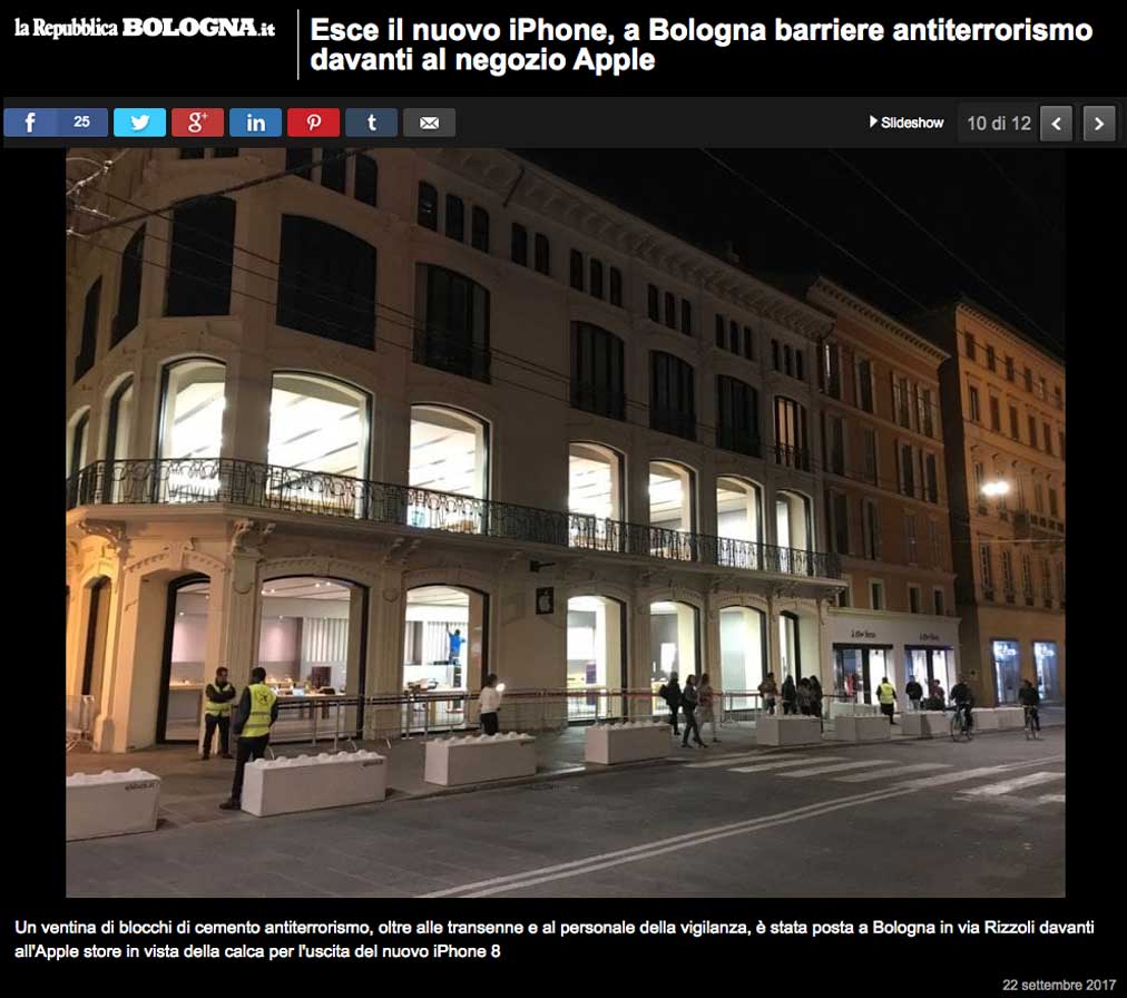 La Repubblica – Bologna.it – Barriere anticedimento davanti all’Apple Store